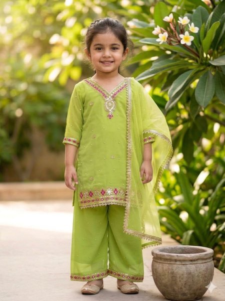 Trending Green Girls Sharara Set with Diamond Hand Work for Weddings 