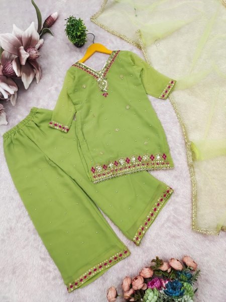 Trending Green Girls Sharara Set with Diamond Hand Work for Weddings Girls Wear