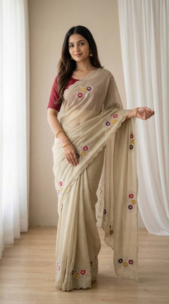 Trending Instagram Cream Saree with Khatali Work and Sequins Border Silk Sarees Wholesale
