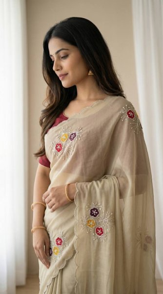 Trending Instagram Cream Saree with Khatali Work and Sequins Border Silk Sarees Wholesale