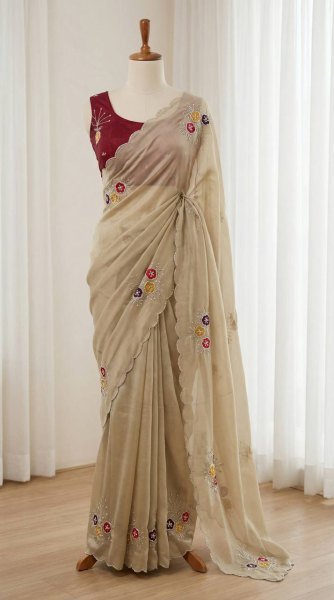 Trending Instagram Cream Saree with Khatali Work and Sequins Border Silk Sarees Wholesale