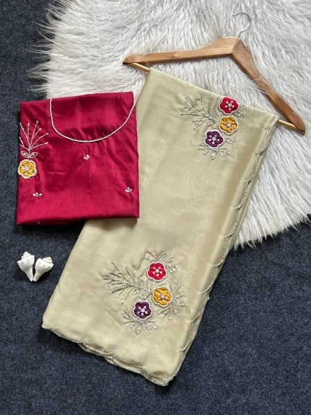Trending Instagram Cream Saree with Khatali Work and Sequins Border Silk Sarees Wholesale