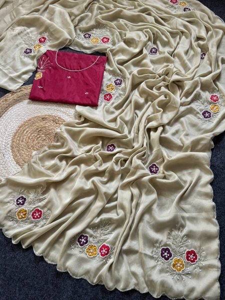 Trending Instagram Cream Saree with Khatali Work and Sequins Border Silk Sarees Wholesale