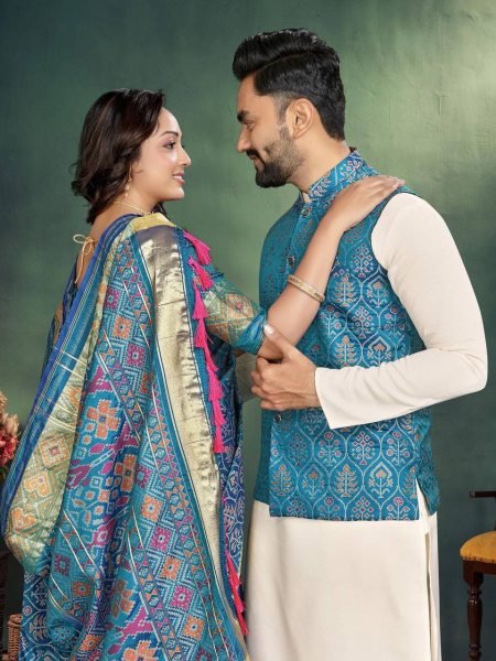 Trending Jacquard Couple Combo Set Mens Kurta Pajama with Silk Koti   Womens Saree for Wedding Wear Couple Combo collection 
