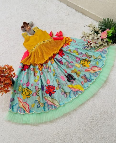 Trending Kalamkari Lehenga Choli for Kids with Embroidery Work Girls Wear