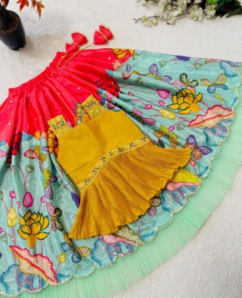 Trending Kalamkari Lehenga Choli for Kids with Embroidery Work Girls Wear