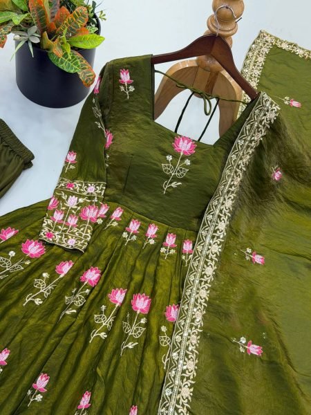 Trending Mahendi Green Fendy Silk Designer Gown with Embroidered Dupatta Ready To Wear Collection
