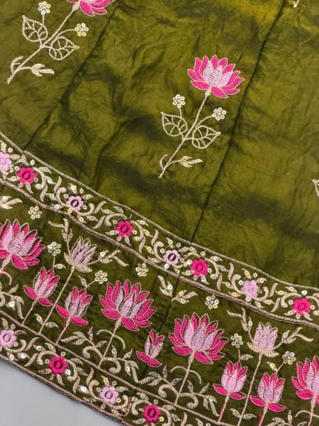 Trending Mahendi Green Fendy Silk Designer Gown with Embroidered Dupatta Ready To Wear Collection