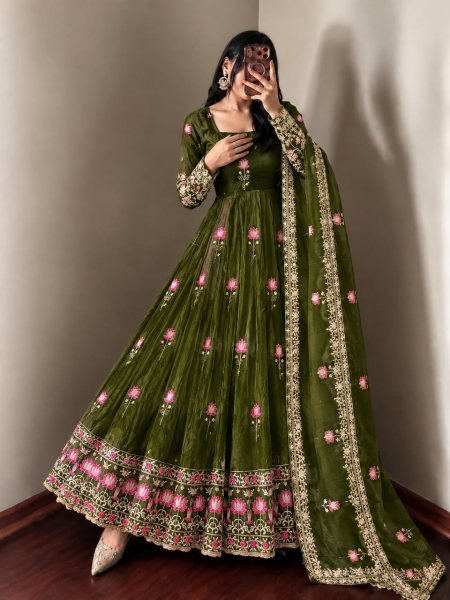 Trending Mahendi Green Fendy Silk Designer Gown with Embroidered Dupatta Ready To Wear Collection