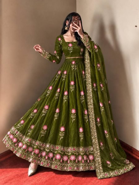 Trending Mahendi Green Fendy Silk Designer Gown with Embroidered Dupatta Ready To Wear Collection