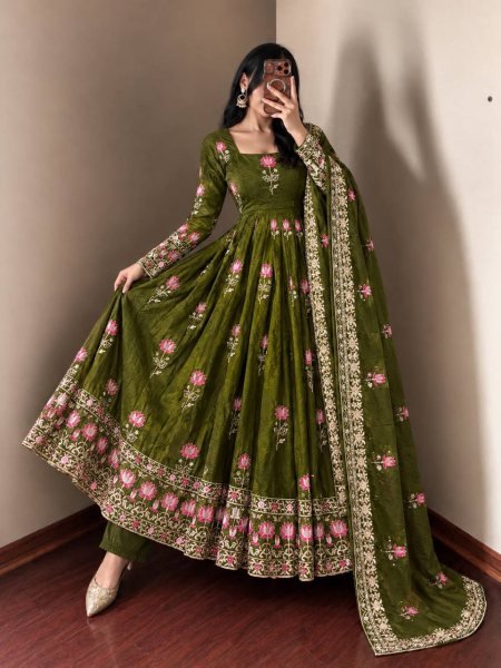 Trending Mahendi Green Fendy Silk Designer Gown with Embroidered Dupatta Ready To Wear Collection