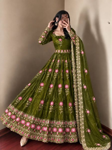 Trending Mahendi Green Fendy Silk Designer Gown with Embroidered Dupatta Ready To Wear Collection
