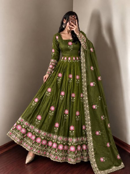 Trending Mahendi Green Fendy Silk Designer Gown with Embroidered Dupatta Ready To Wear Collection