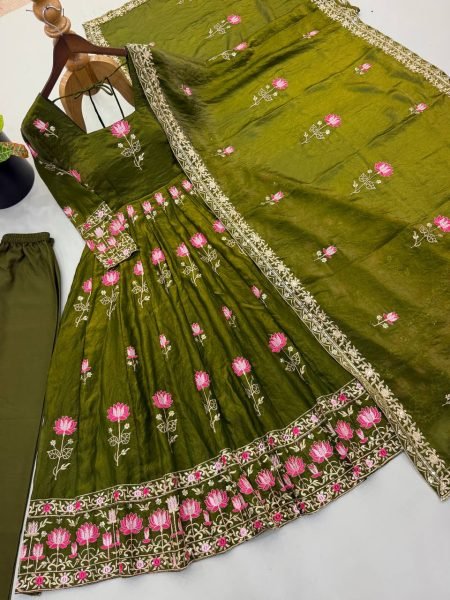 Trending Mahendi Green Fendy Silk Designer Gown with Embroidered Dupatta Ready To Wear Collection