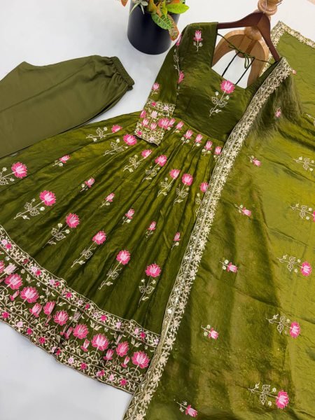 Trending Mahendi Green Fendy Silk Designer Gown with Embroidered Dupatta Ready To Wear Collection