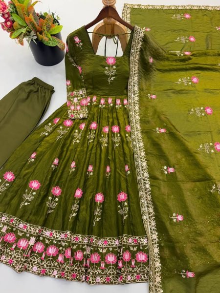 Trending Mahendi Green Fendy Silk Designer Gown with Embroidered Dupatta Ready To Wear Collection