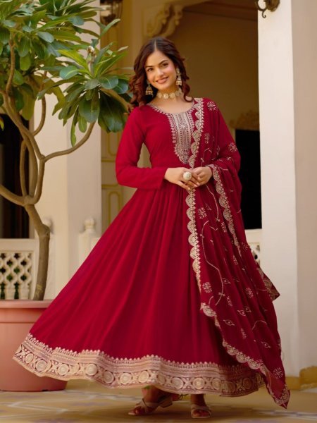 Trending Maroon Designer Maroon Gown for Women with Heavy Work Kurtis
