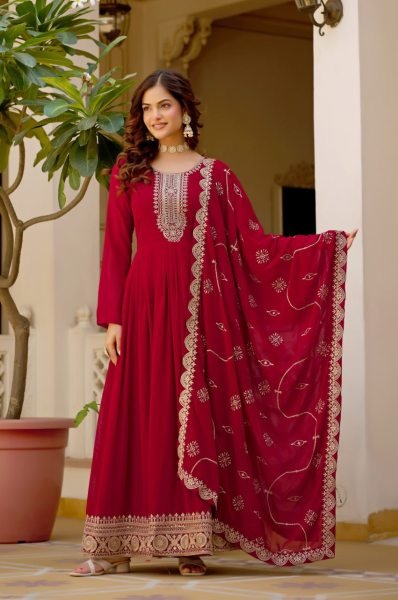 Trending Maroon Designer Maroon Gown for Women with Heavy Work Kurti With Dupatta Wholesale