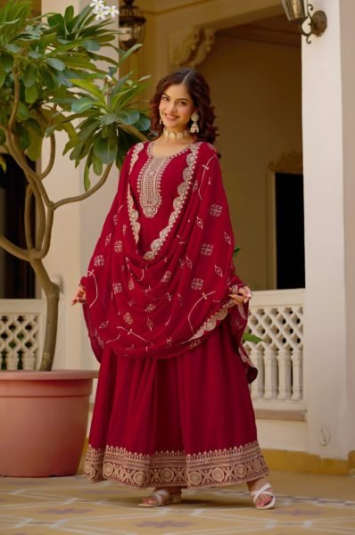 Trending Maroon Designer Maroon Gown for Women with Heavy Work Kurti With Dupatta Wholesale