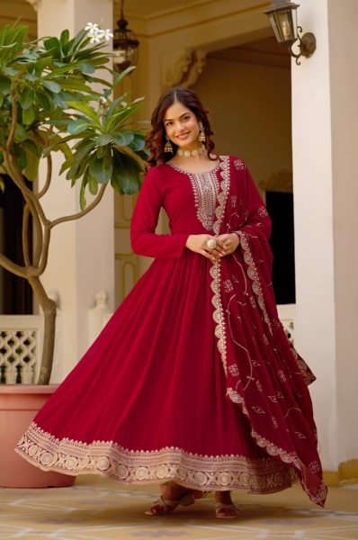Trending Maroon Designer Maroon Gown for Women with Heavy Work Kurti With Dupatta Wholesale