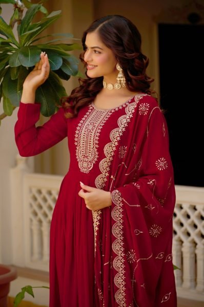 Trending Maroon Designer Maroon Gown for Women with Heavy Work Kurti With Dupatta Wholesale