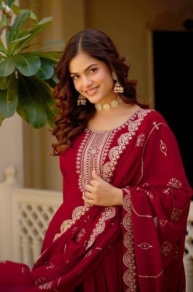 Trending Maroon Designer Maroon Gown for Women with Heavy Work Kurti With Dupatta Wholesale