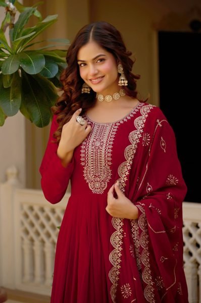 Trending Maroon Designer Maroon Gown for Women with Heavy Work Kurti With Dupatta Wholesale