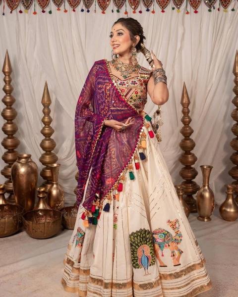 Trending Navratri Muslin Cotton Lehenga Chaniya Choli Set With Real Mirror Work And Georgette Dupatta Navratri Lehnega Choli