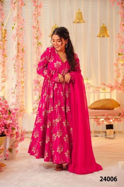 Trending Party Wear Anarkali Rayon silk Pink leaf suit set For Best Price Anarkali Kurtis 