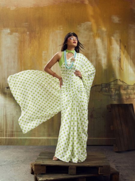 Trending Polka Dot Satin Georgette Saree with Contrast Blouse  Sarees 