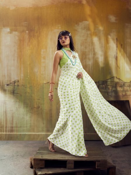 Trending Polka Dot Satin Georgette Saree with Contrast Blouse  Bollywood Fancy Sarees Wholesale