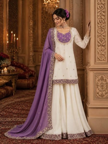 Trending Purple Chinon Silk Sequence Embroidery Top Palazzo Dupatta Set For Featival Ready To Wear Suit