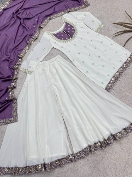 Trending Purple Chinon Silk Sequence Embroidery Top Palazzo Dupatta Set For Featival Ready To Wear Collection
