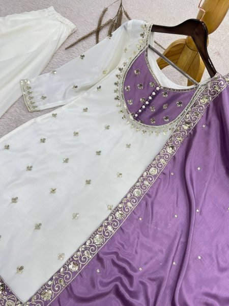 Trending Purple Chinon Silk Sequence Embroidery Top Palazzo Dupatta Set For Featival Ready To Wear Collection