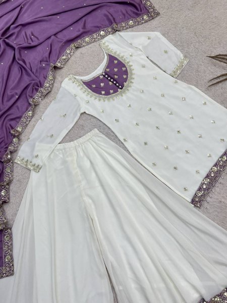 Trending Purple Chinon Silk Sequence Embroidery Top Palazzo Dupatta Set For Featival Ready To Wear Collection