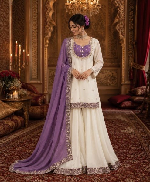 Trending Purple Chinon Silk Sequence Embroidery Top Palazzo Dupatta Set For Featival Ready To Wear Collection