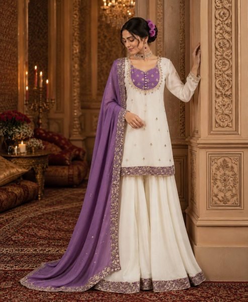Trending Purple Chinon Silk Sequence Embroidery Top Palazzo Dupatta Set For Featival Ready To Wear Collection