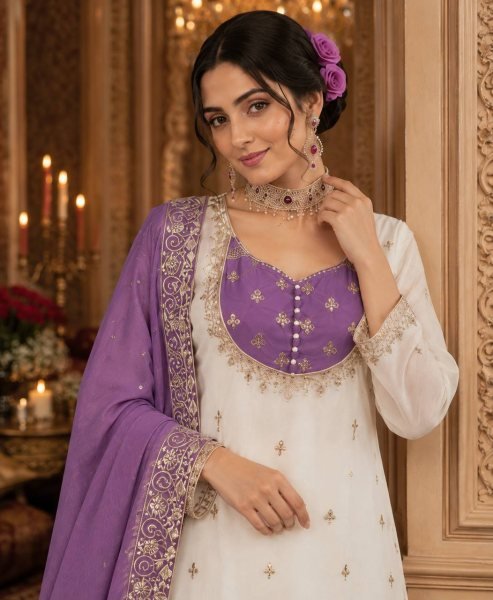 Trending Purple Chinon Silk Sequence Embroidery Top Palazzo Dupatta Set For Featival Ready To Wear Collection