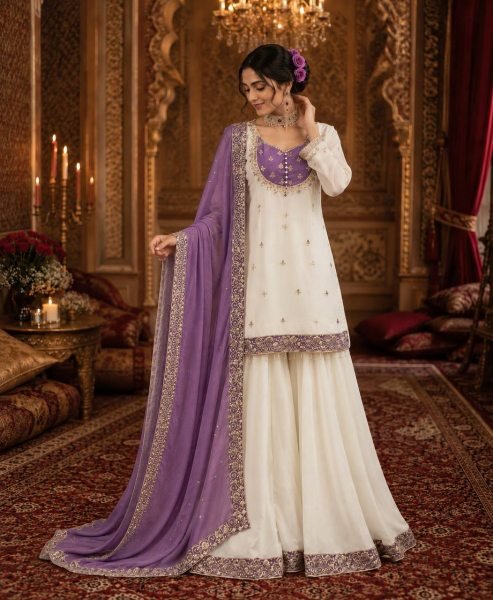Trending Purple Chinon Silk Sequence Embroidery Top Palazzo Dupatta Set For Featival Ready To Wear Collection