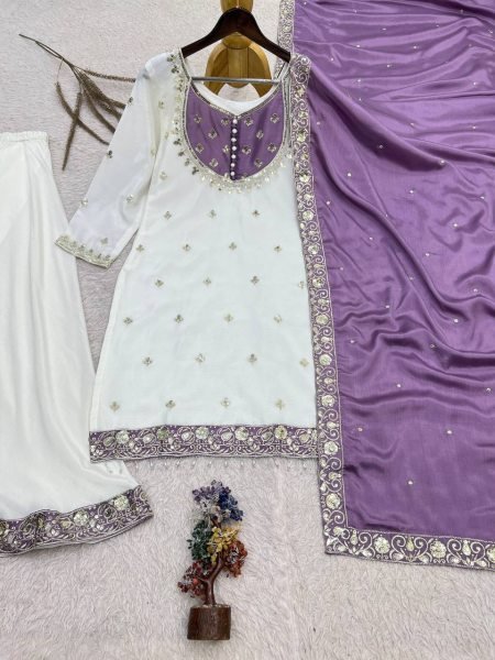 Trending Purple Chinon Silk Sequence Embroidery Top Palazzo Dupatta Set For Featival Ready To Wear Collection