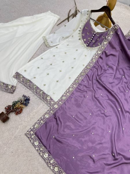 Trending Purple Chinon Silk Sequence Embroidery Top Palazzo Dupatta Set For Featival Ready To Wear Collection