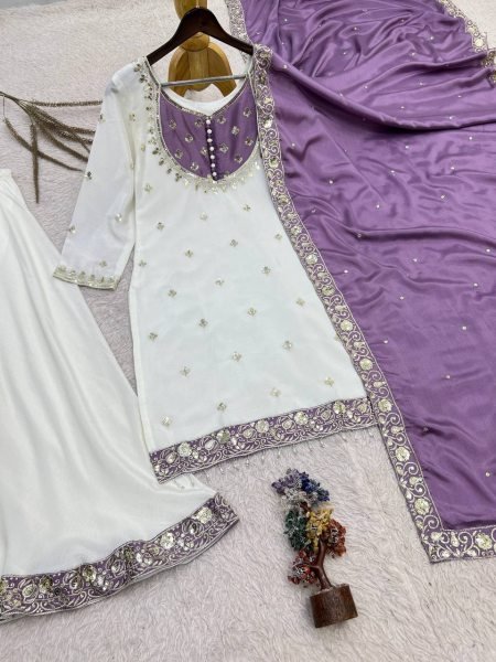 Trending Purple Chinon Silk Sequence Embroidery Top Palazzo Dupatta Set For Featival Ready To Wear Collection