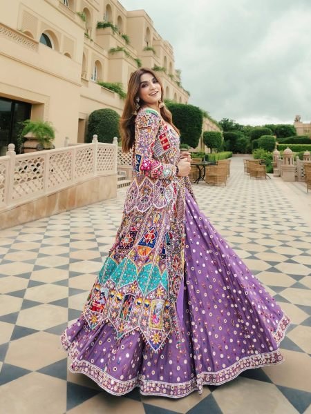 Trending Purple Navratri Muslin Cotton Lehenga Choli with Real Mirror Embroidery  Lehenga