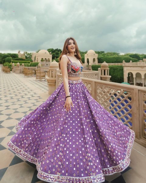 Trending Purple Navratri Muslin Cotton Lehenga Choli with Real Mirror Embroidery Navratri Lehnega Choli