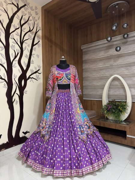 Trending Purple Navratri Muslin Cotton Lehenga Choli with Real Mirror Embroidery Navratri Lehnega Choli