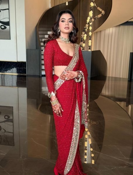 Trending Red Mirror Work Saree with Designer Blouse for Reception Wear Bollywood Fancy Sarees Wholesale