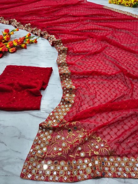Trending Red Mirror Work Saree with Designer Blouse for Reception Wear Bollywood Fancy Sarees Wholesale