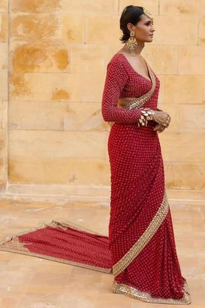 Trending Red Mirror Work Saree with Designer Blouse for Reception Wear Bollywood Fancy Sarees Wholesale