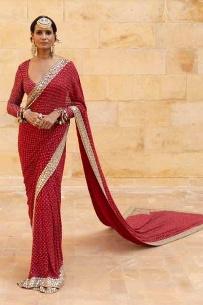 Trending Red Mirror Work Saree with Designer Blouse for Reception Wear Bollywood Fancy Sarees Wholesale