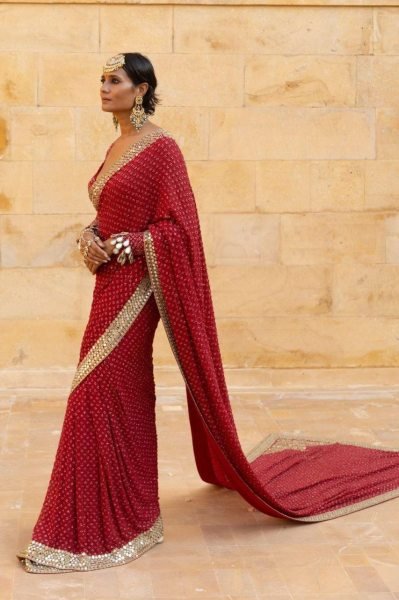 Trending Red Mirror Work Saree with Designer Blouse for Reception Wear Bollywood Fancy Sarees Wholesale